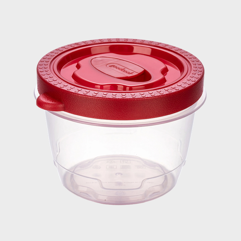 PFB052 360ml 배출된 빨간색 오버몰드 뚜껑이 있는 원통형 PP 식품 보존 용기